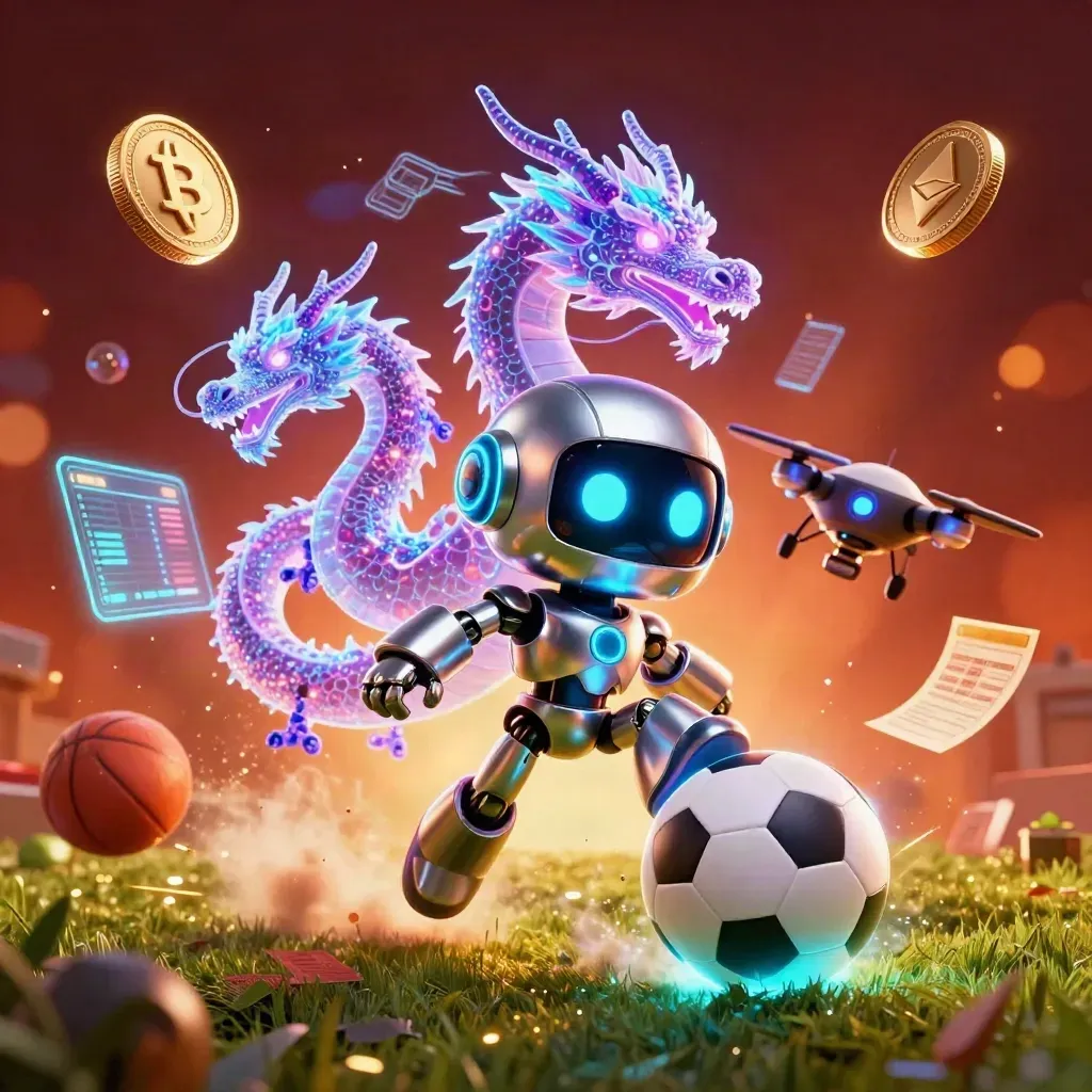 Cyberpunk robot, dragon, and coin drone blasting a soccer ball with neon casino energy.