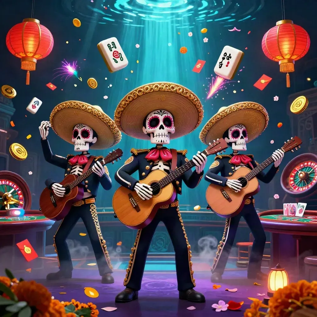 Three skeleton mariachi performers amid neon casino props, lanterns, coins, petals, and cinematic teal light