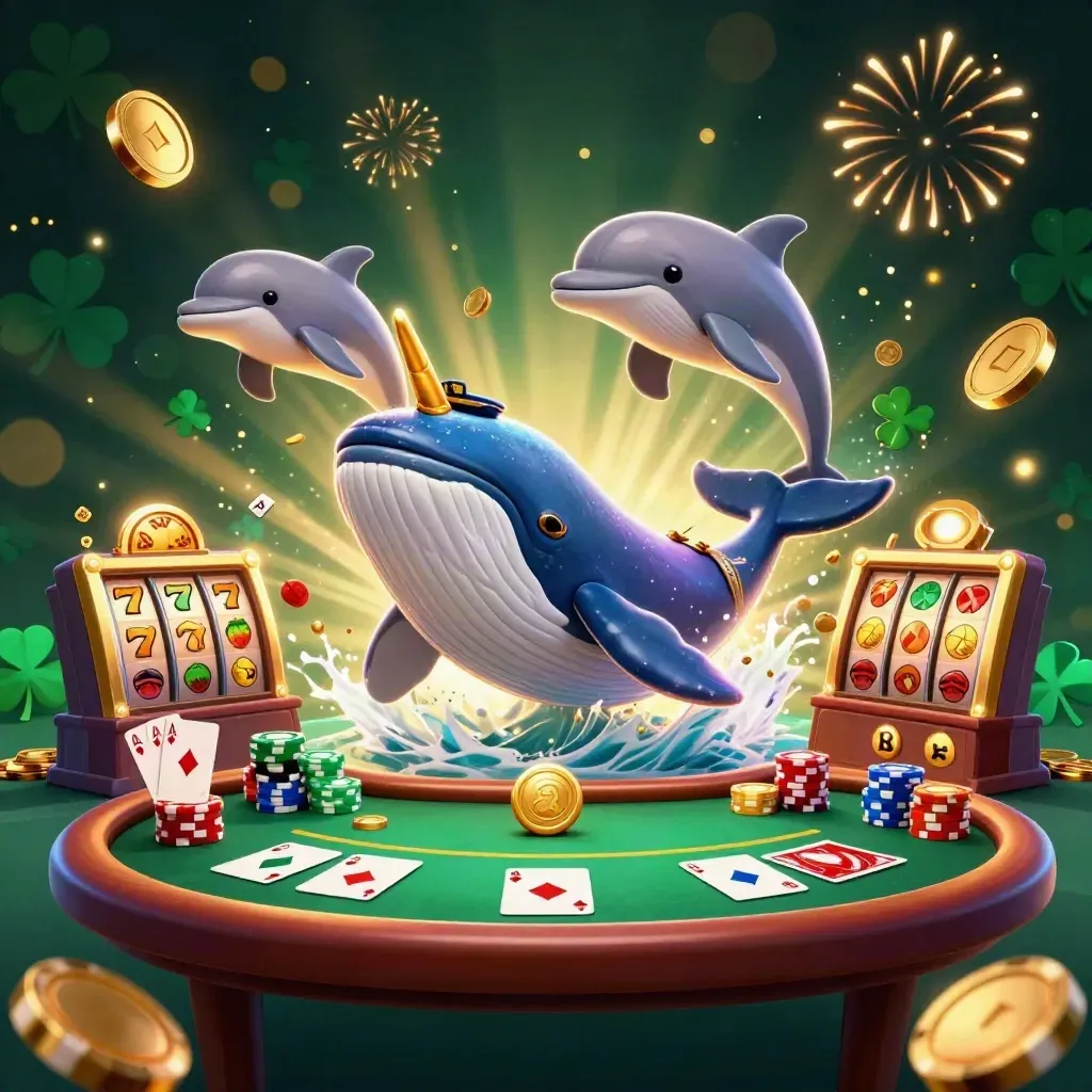 Whale captain, narwhal, and dolphins burst through coins in a neon casino splash scene.