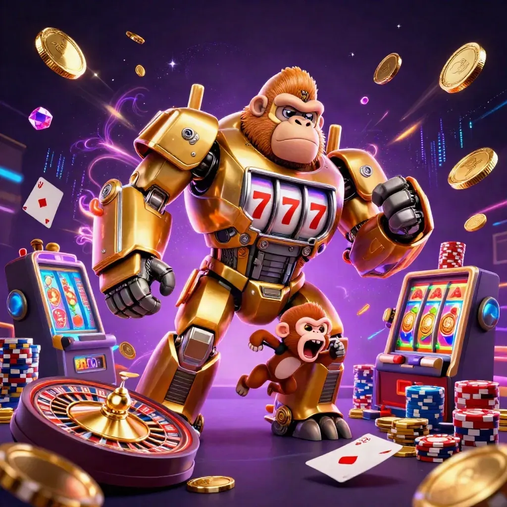 Golden gorilla mech with tiny monkey pilot exploding in coins, gems, reels, chips and neon casino energy.