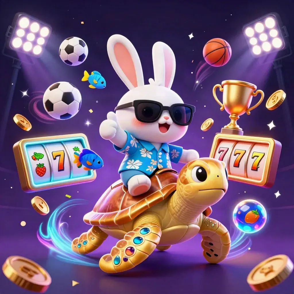 Lucky rabbit rides a golden turtle amid casino symbols, balls, coins, fireworks, and neon glow