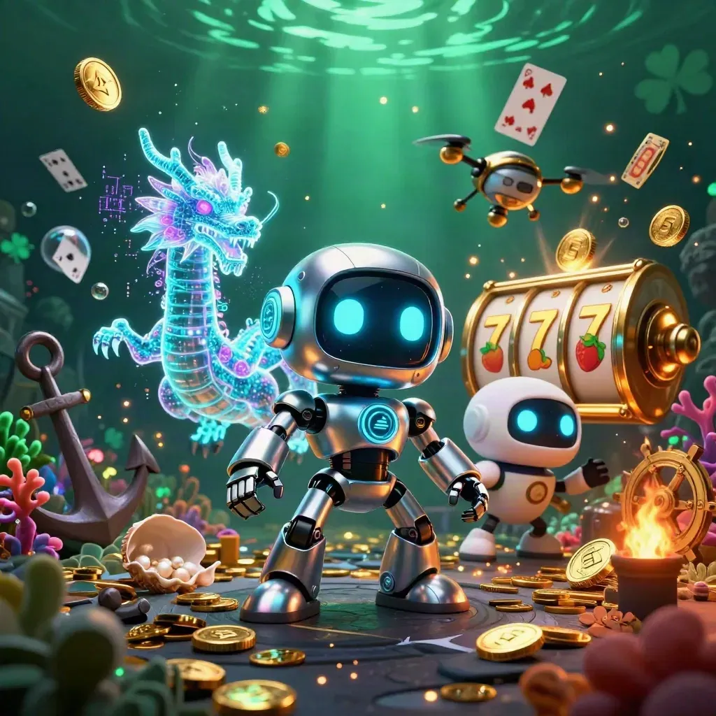 Cyberpunk robot, holographic dragon and coin drone amid treasure cove, neon casino glow