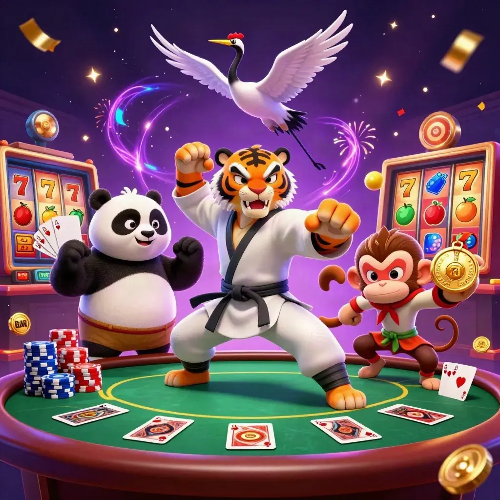 Tiger, panda, and monkey casino heroes amid chips, cards, reels, and neon magic